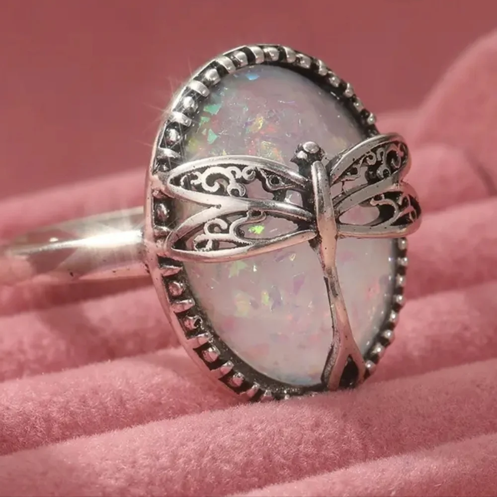 Vintage Elegant Silver Dragonfly Opal Ring Sz 8